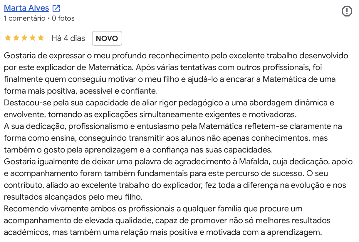 Avaliacao Google 5 estrelas de Marta Alves: rigor pedagogico e dedicacao que motivaram o filho em matematica.
